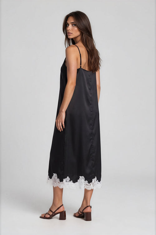 LUNA Vestido Midi Satinado Negro con Encaje Elegante